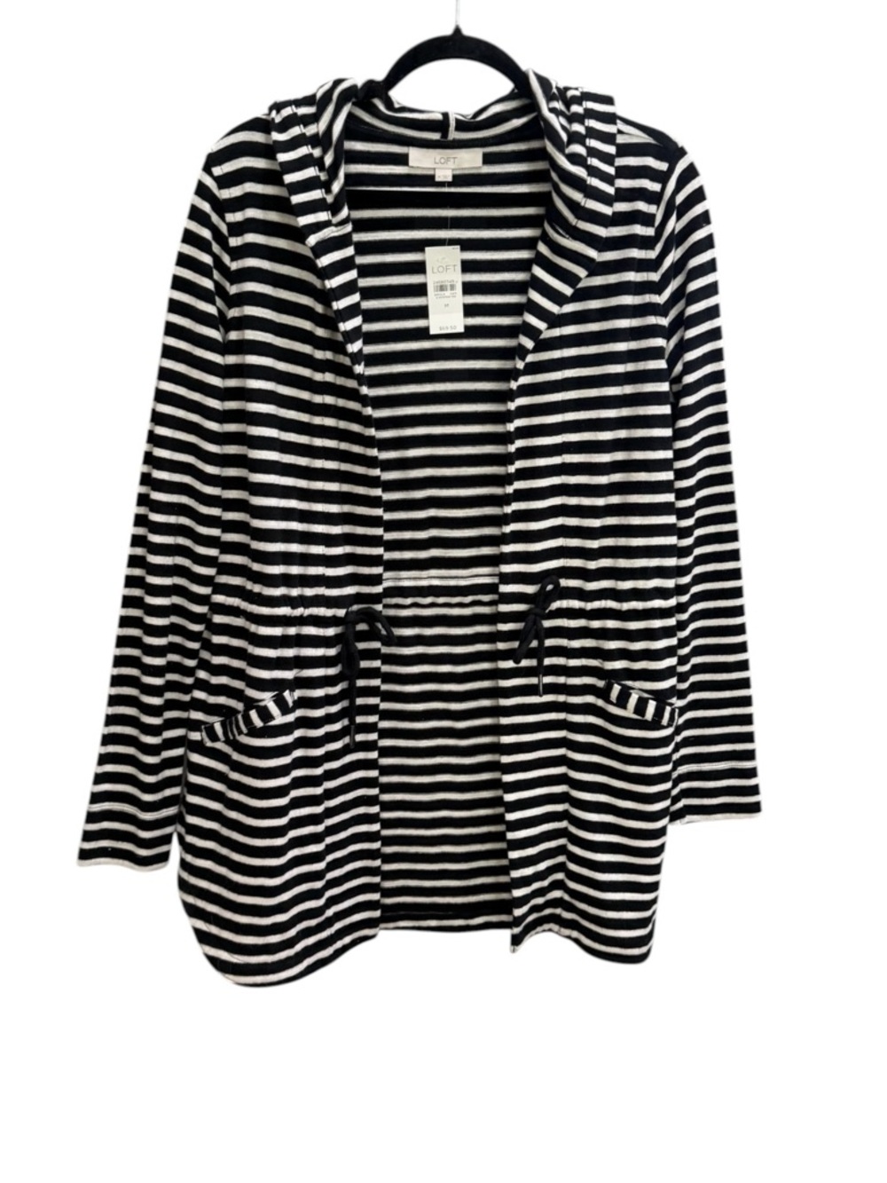 NWT. Loft black & white stripe, hooded cardigan, size medium.